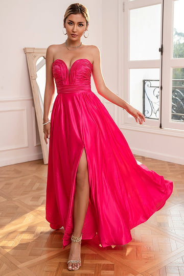 Fuchsia stropløs Prom kjole med slids